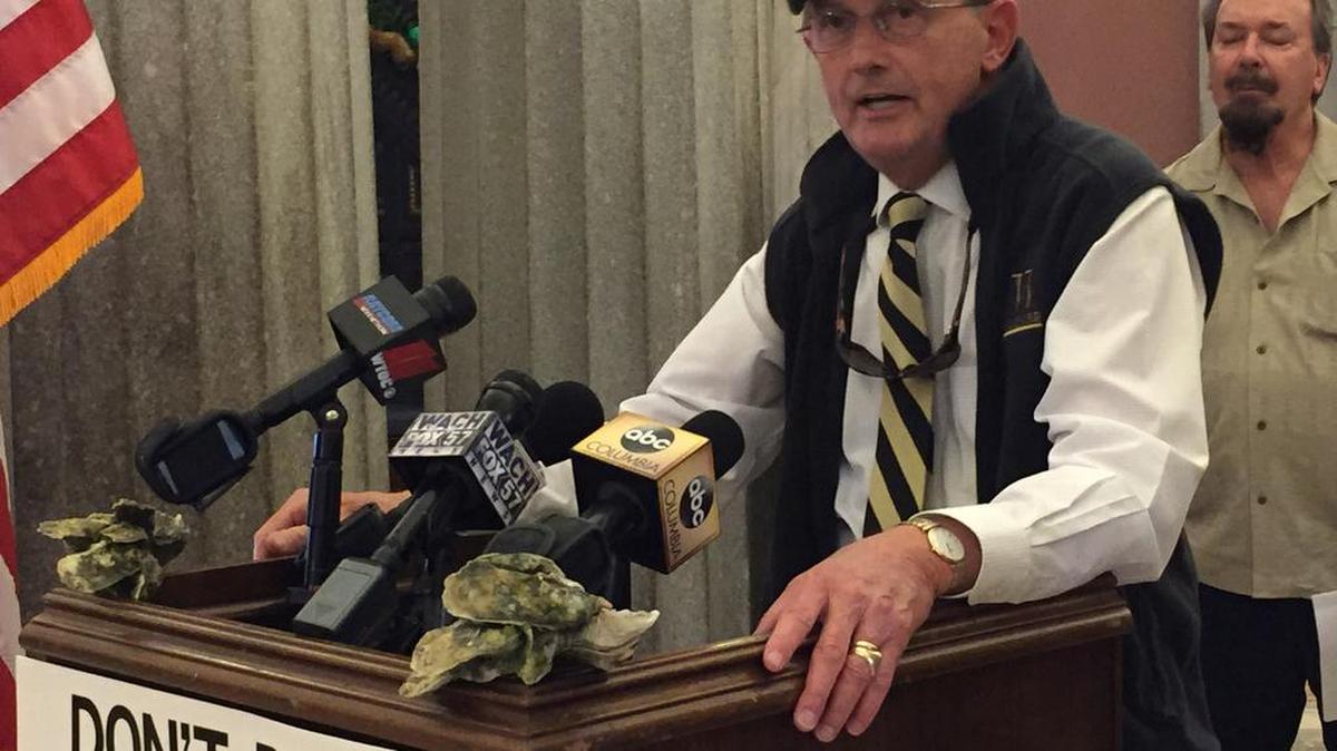 Lowcountry restaurant owner Robert Barber, a former state lawmaker, speaks Wednesday in Columbia against offshore drilling for oil and gas along the Carolina coast.
