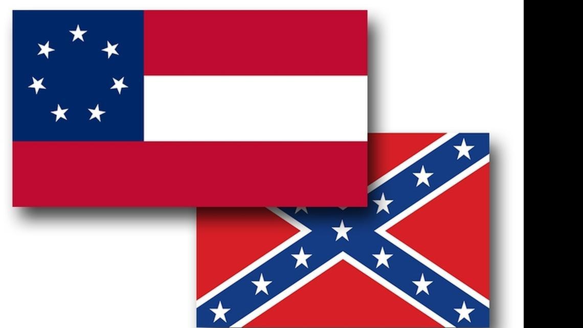 
In the wake of the June 17, 2015, Emanuel AME Church shootings in Charleston, state and other institutions are distancing themselves from the familiar "Confederate flag" often used as a symbol of the Confederacy (bottom image), although technically that actually was the battle flag of the Army of Northern Virginia. The top image shows the first national flag of the Confederacy. Because of its similarity to the Union flag, it was updated twice, each instance incorporating the Northern Virginia flag in the upper left corner in place of the circle of stars. 
