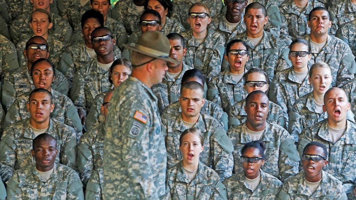 Drill Sergeant David Demass describes the wall at Victory Tower to new soldiers at Fort Jackson. The fort will receive an additional battalion — its 11th — raising the annual number of soldiers receiving basic training to 46,000 in 2018.