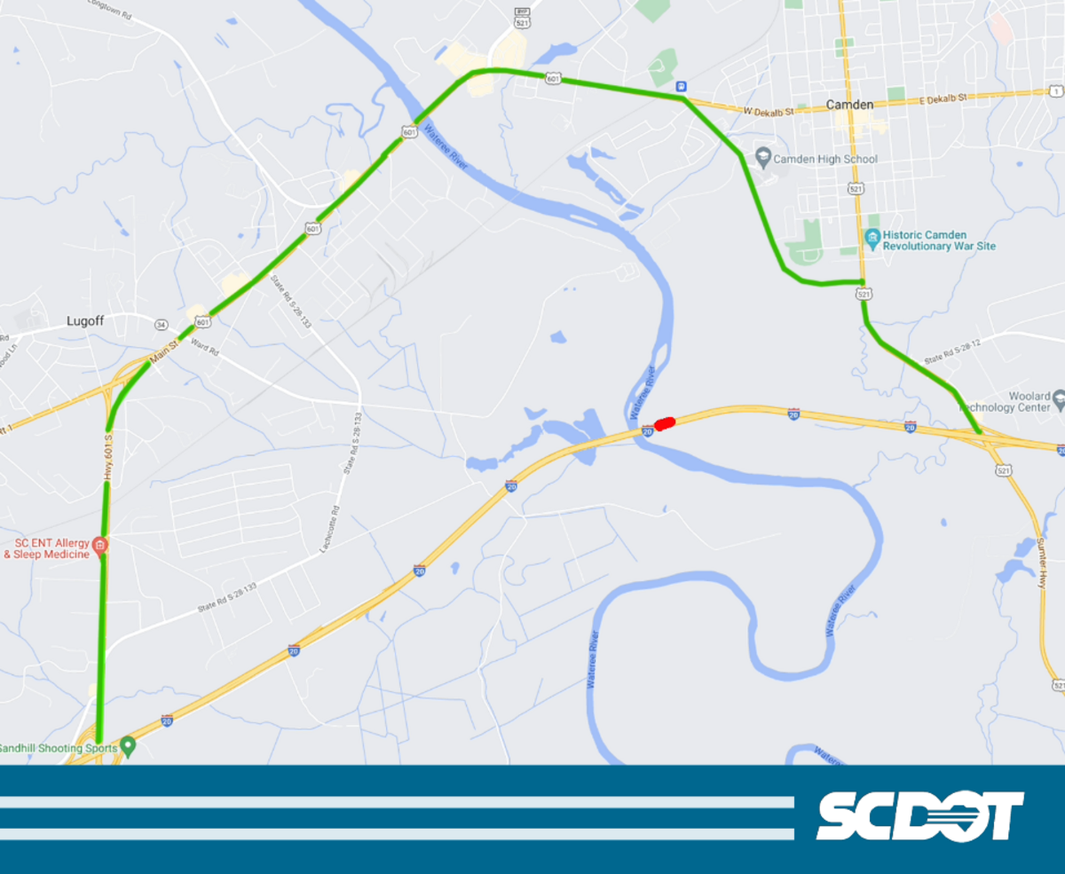 The detour route around the closed I-20 bridge near Camden:  Exit I-20 WB at U.S. 521 near Camden, turn left onto to S-28-45 (Ehrenclou Dr.), left onto U.S. 601. Return to I-20 WB at U.S. 601 interchange.
