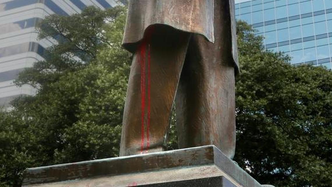 
Someone defaced the statue of “Pitchfork” Ben Tillman at the State House with red paint.
