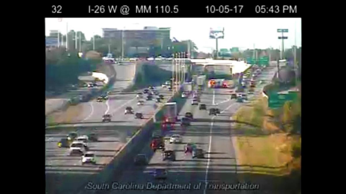 Screen shot: Vehicle fire on I-26 westbound Thursday, October 5, 2017, during afternoon rush hour
