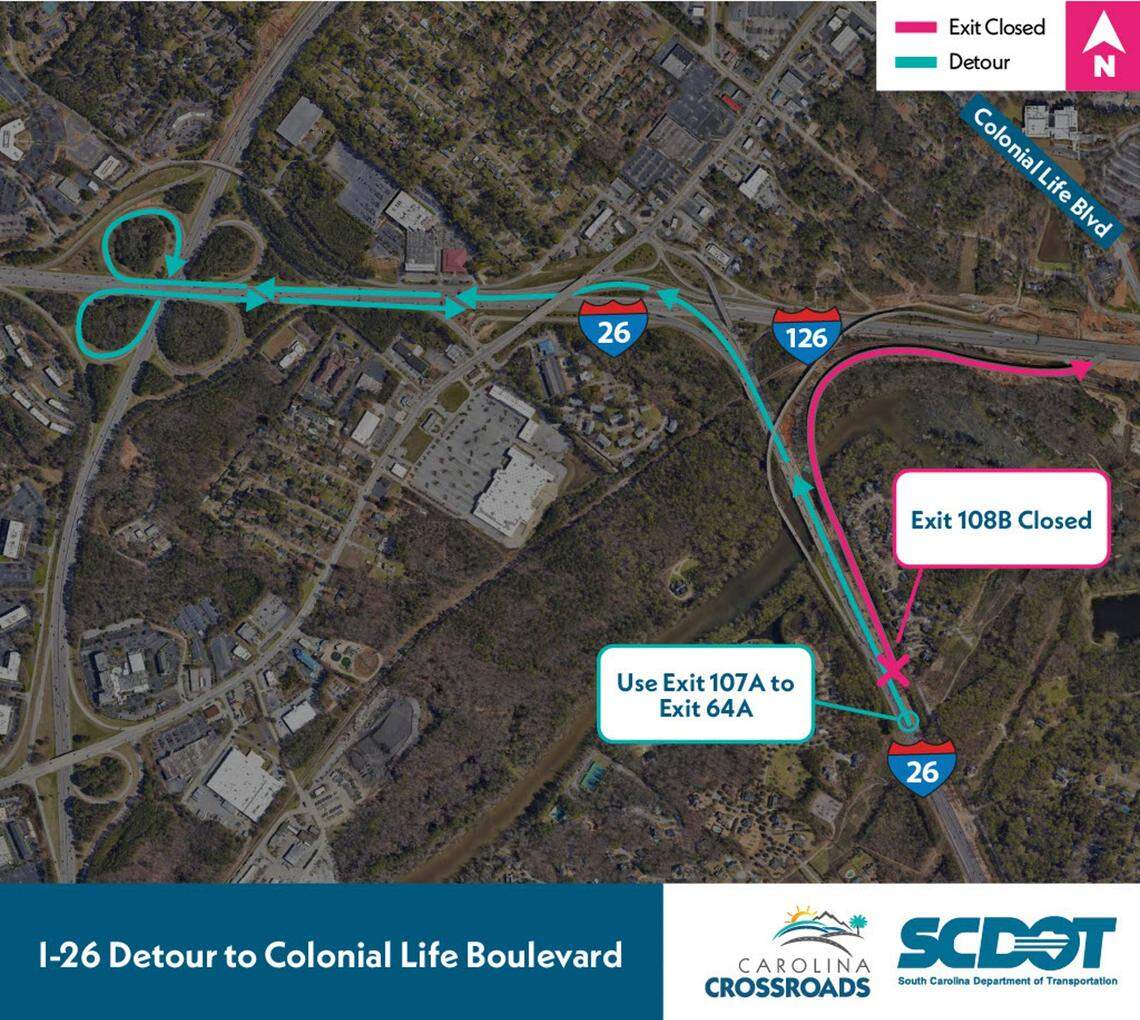 A graphic displaying upcoming lane closures and detour along Interstate 26 in Columbia. on Feb. 24 and 27.
