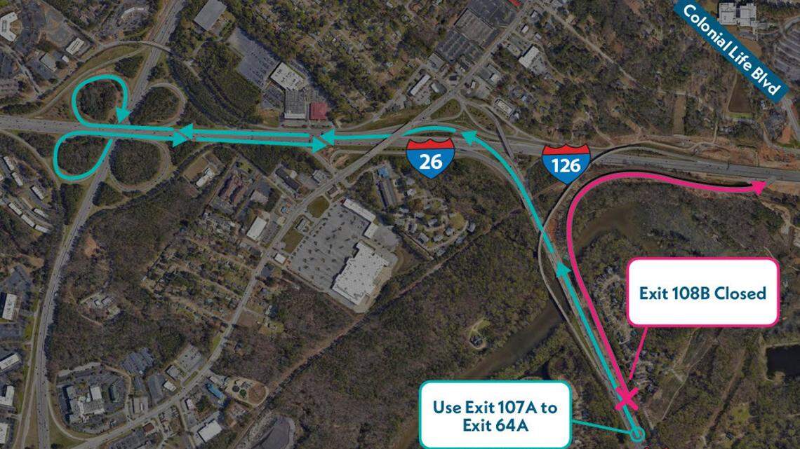 A graphic displaying upcoming lane closures and detour along Interstate 26 in Columbia. on Feb. 24 and 27.