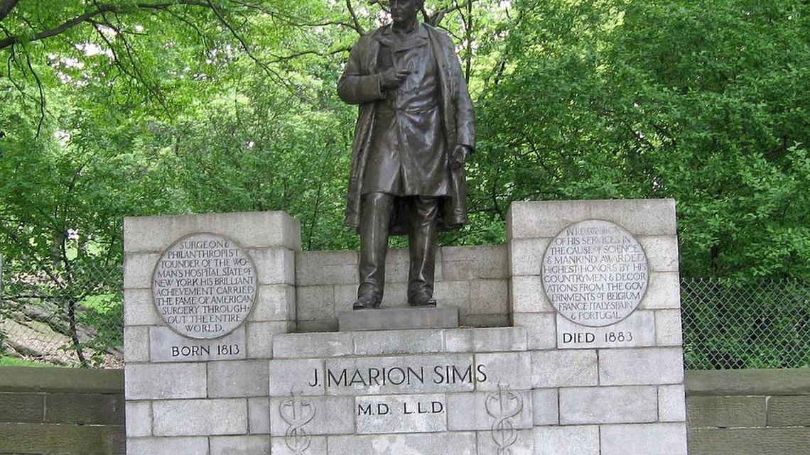 Statue of J. Marion Sims on Fifth Avenue, on the wall of Central Park in New York City