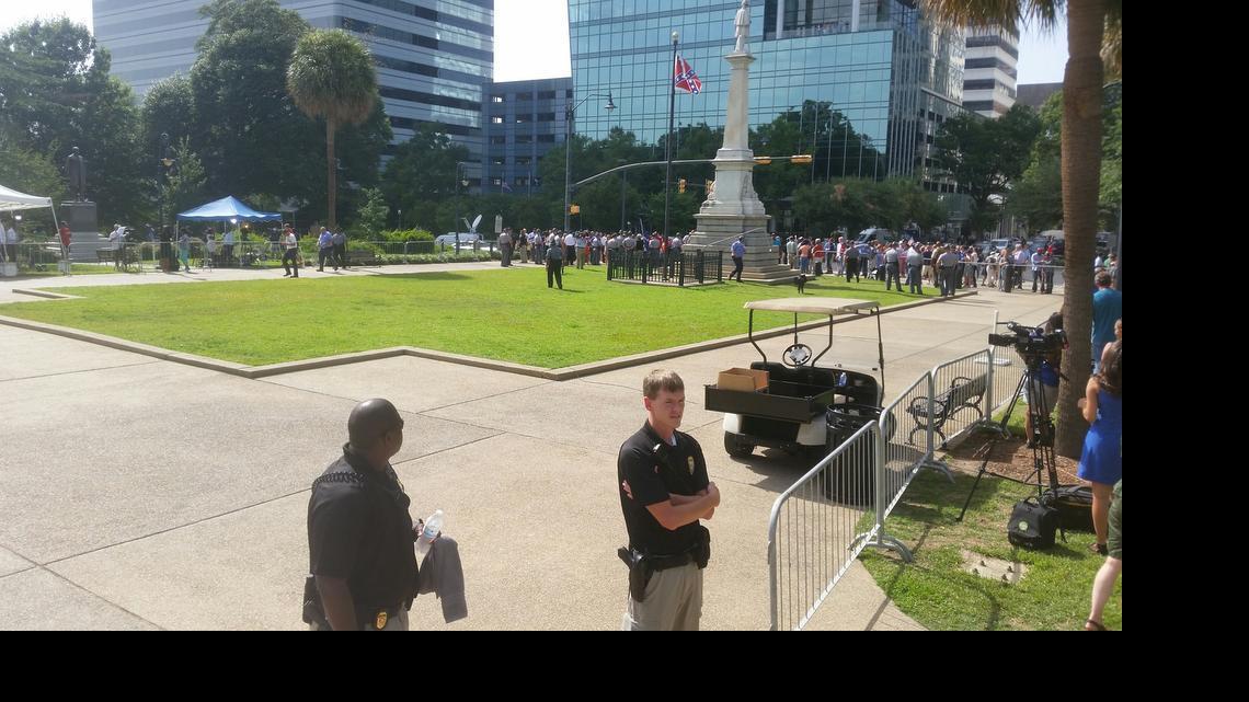 
A large barricade was set up Thursday afternoon in the area in front of the State House and around the monument where the Confederate flag flies. The flag is scheduled to be taken down at 10 a.m. Friday.
