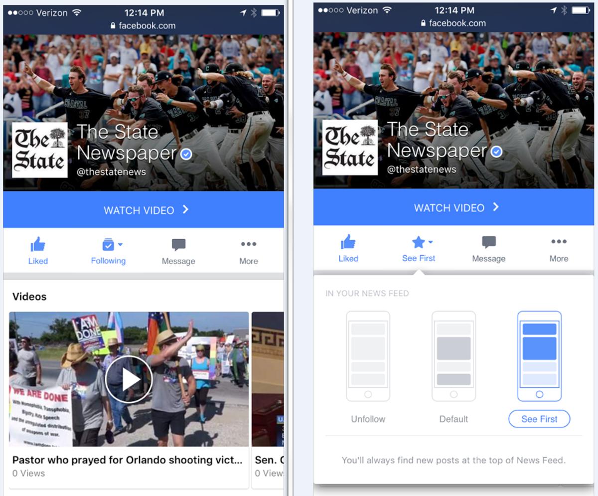 Left: Page is "Liked"; click "Following." Right: Click "See First."