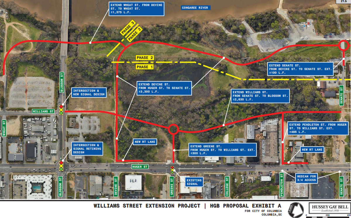 The city hopes to carve out public river access to the Congaree River downtown by creating a new network of streets on undeveloped riverfront land.
