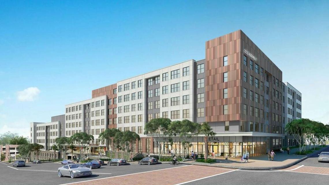 
Revised rendering of plans for a private student apartment project at Assembly and Pendleton streets
