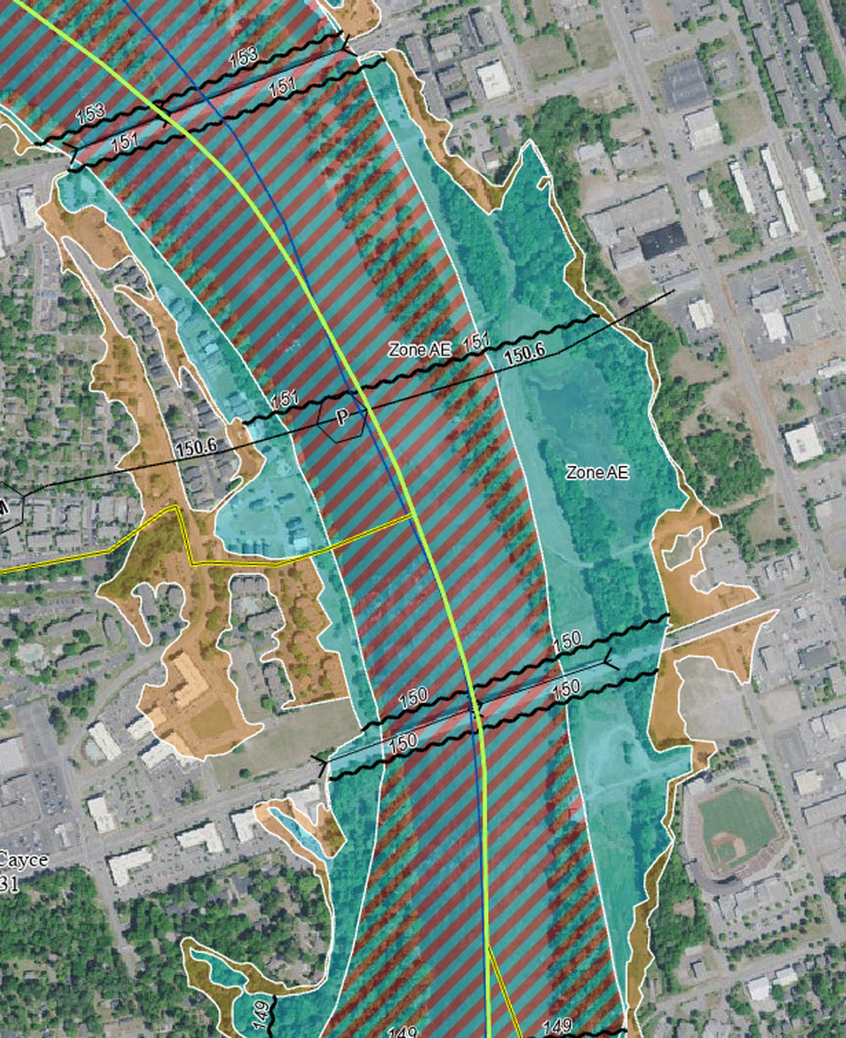 A map showing that the site Columbia hopes to build a riverfront park is in a flood-prone area. The blue on the map represents the floodplain, where flood water will get pushed during a flood. The red dashed section is the floodway, where the floodwater would actually be moving through during a flooding event. Developing projects in flood zones requires following specific regulations.