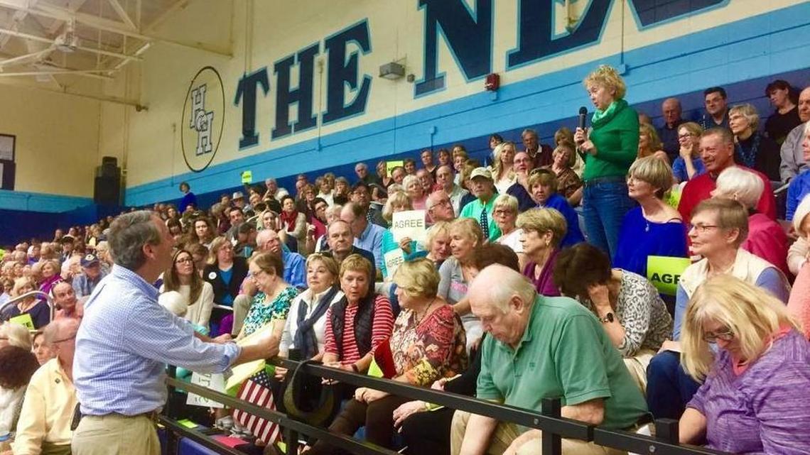 Rep. Mark Sanford fielded many sharp questions from constituents upset about health care, the environment, immigration and other issues in the Hilton Head Island High School gymnasium Saturday.