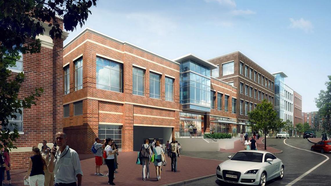 Artist rendering of the First Base building, a private retail and office building that abuts the city-owned baseball stadium in the BullStreet complex.