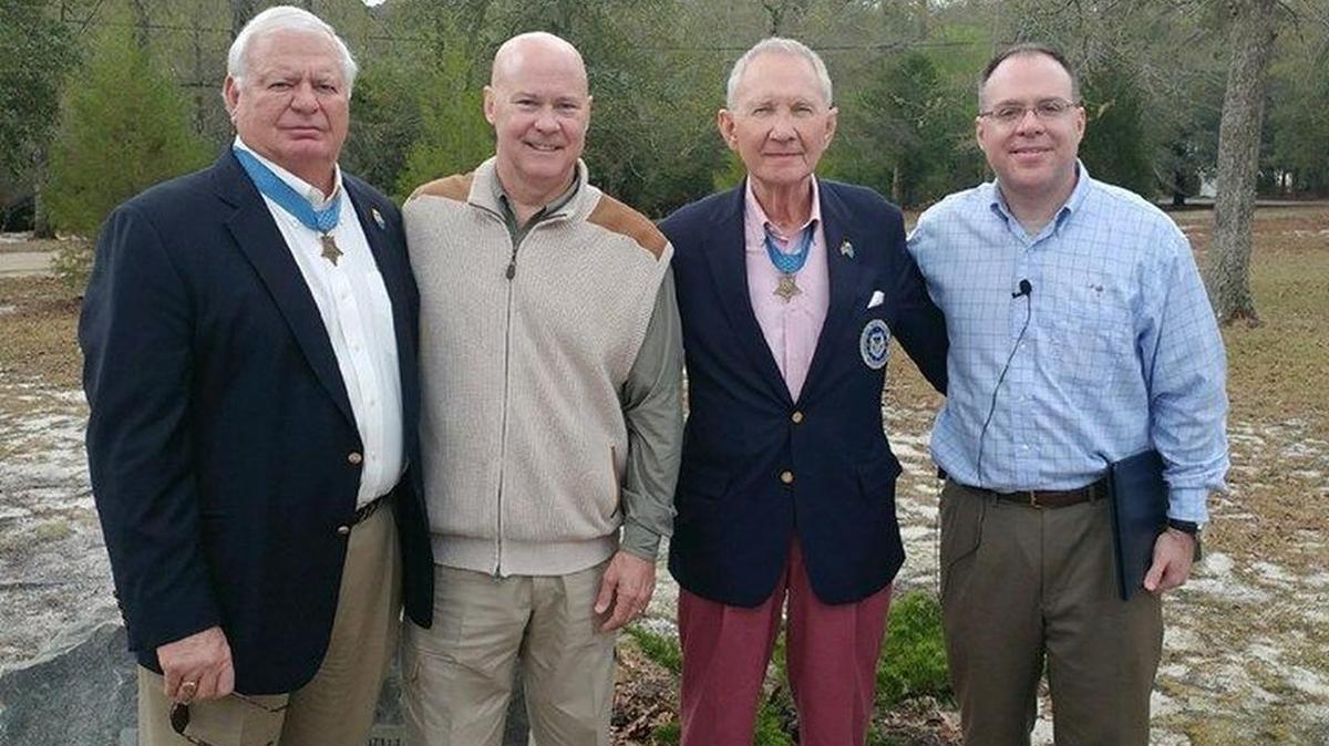 From left to right, Medal of Honor Recipient retired Lt. Mike Thornton; Tom Mullikin, commander of the S.C. State Guard; Medal of Honor Recipient retired Maj. Gen. James Livingston; and David L. Preston Westvaco Professor of National Security Studies at The Citadel.