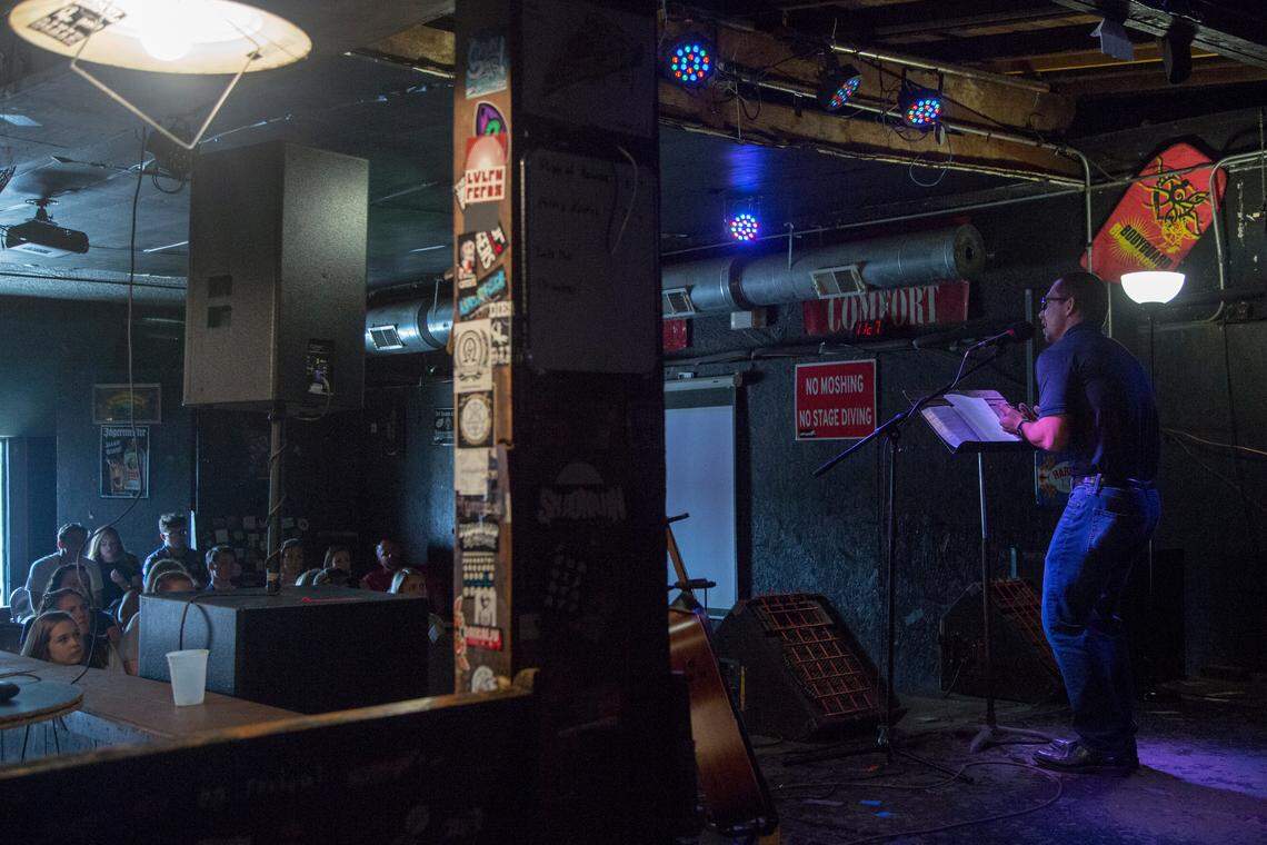 House church leader Chris Garduce preachers during a service for The Church at West Vista inside New Brookland Tavern in West Columbia, SC. The Church at West Vista is a house church network which meets at separate homes during the month except for the last Sunday when they go to New Brookland Tavern.