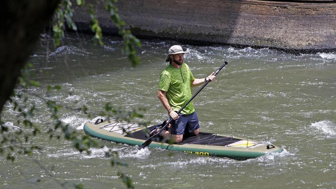 Seth Shelby, an avid outdoorsman, prepares to end his run down the Congaree River near the Gervais Street Bridge on Monday.
