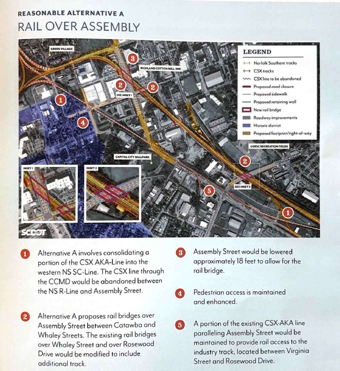 The SCDOT presented three options for what it could look like to separate the railroad from the roadway in downtown Columbia. This option proposes building rail bridges over the road.