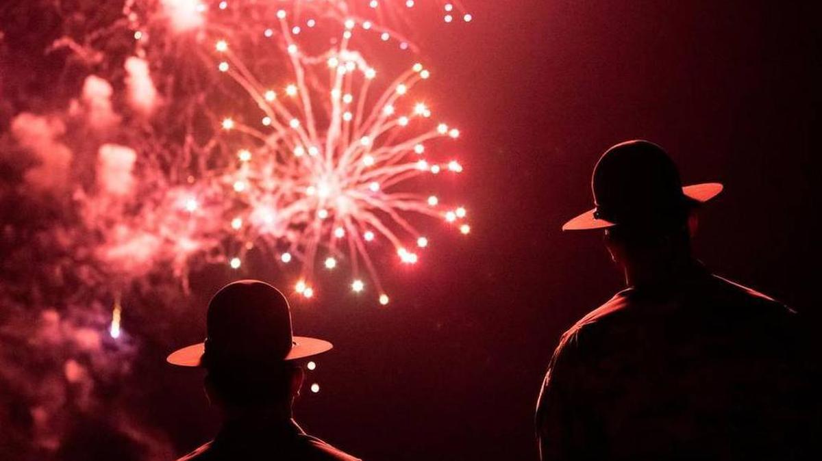Members of the United States Army watch fireworks at the 2016 Torchlight Tattoo and Fireworks display Saturday night at Fort Jackson Army Base.