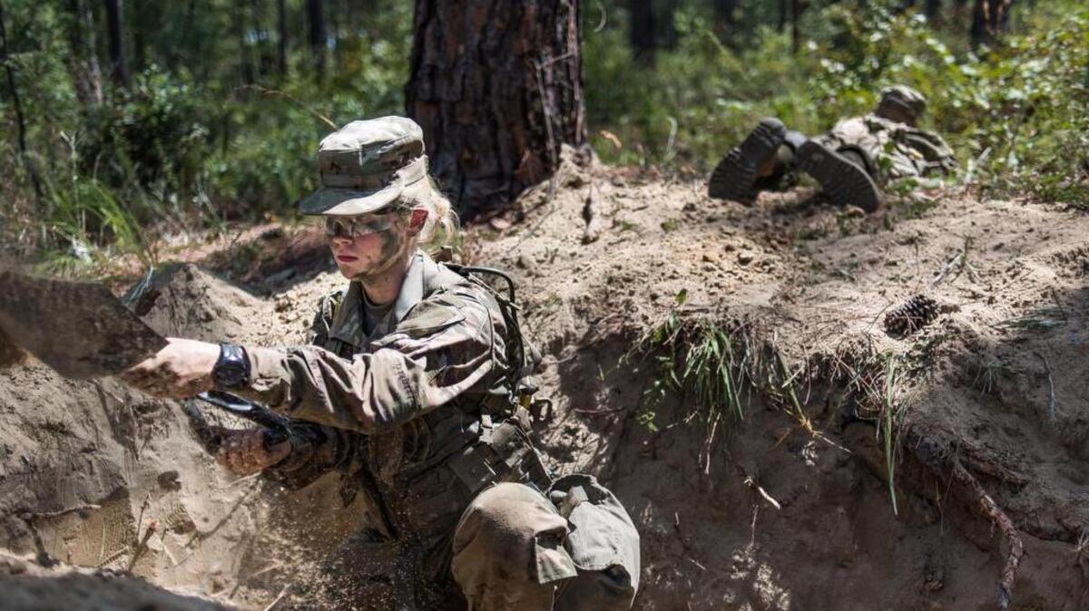 Army recruit Jamie Udet digs a foxhole during the Victory Forge training exercise in August 2016 at Fort Jackson in Columbia, S.C. Victory Forge is the culminating basic combat training exercise where recruits spend four days and three nights putting their skills to test with little time to rest. Fort Jackson will hold a ‘Come Meet Your Army’ tour that gives the public an up-close look at the Army’s basic combat training.
