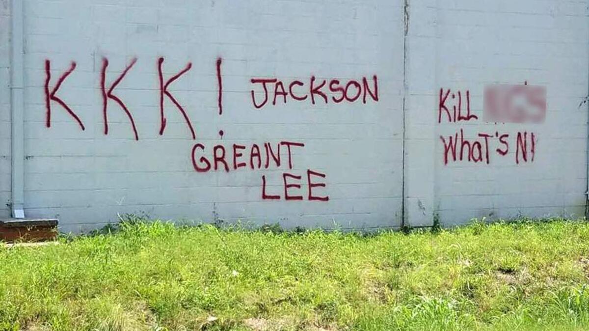 A photo shared on Randy Roberts Facebook page on Aug. 19 shows the graffiti that was painted on the wall of Love House Ministries’ Community Bowling Center.