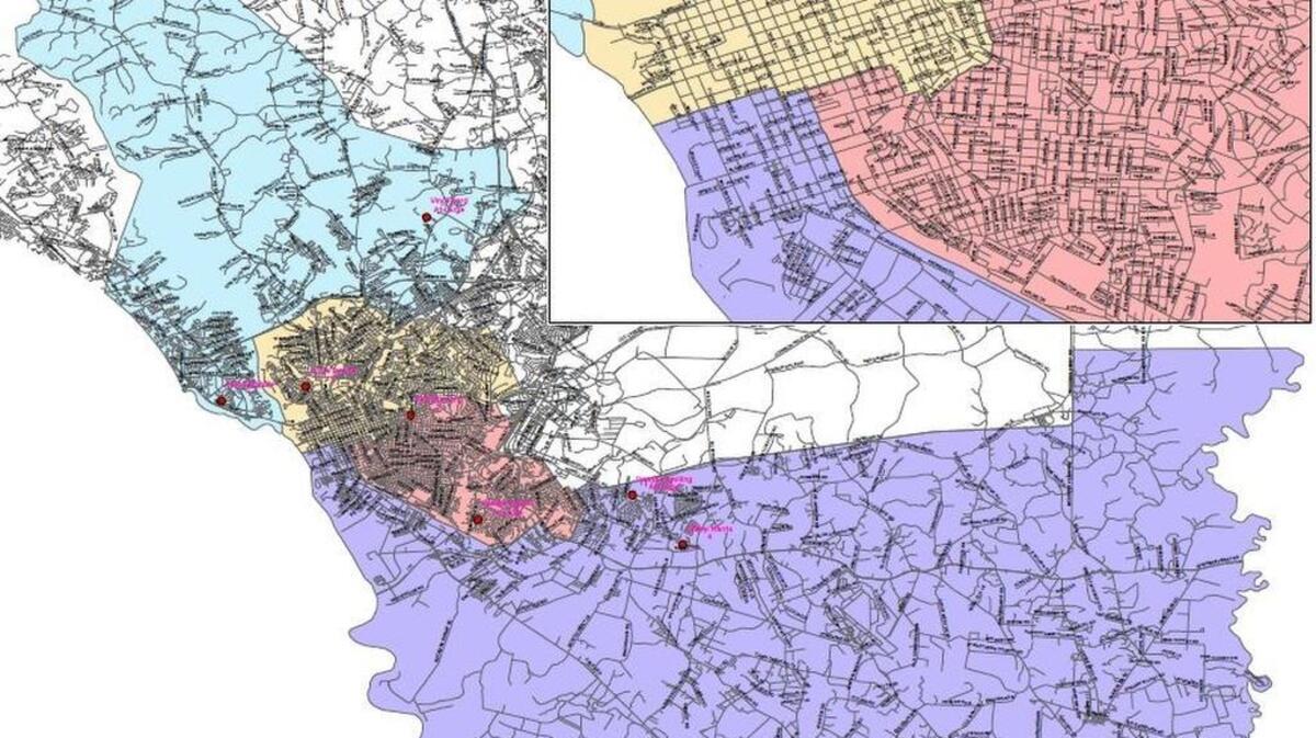 Out of a handful of variations, Richland 1 officials have told state legislators they prefer this version of the redrawn voting lines for the school board’s single-member voting districts. The inset provides a closer look at downtown.