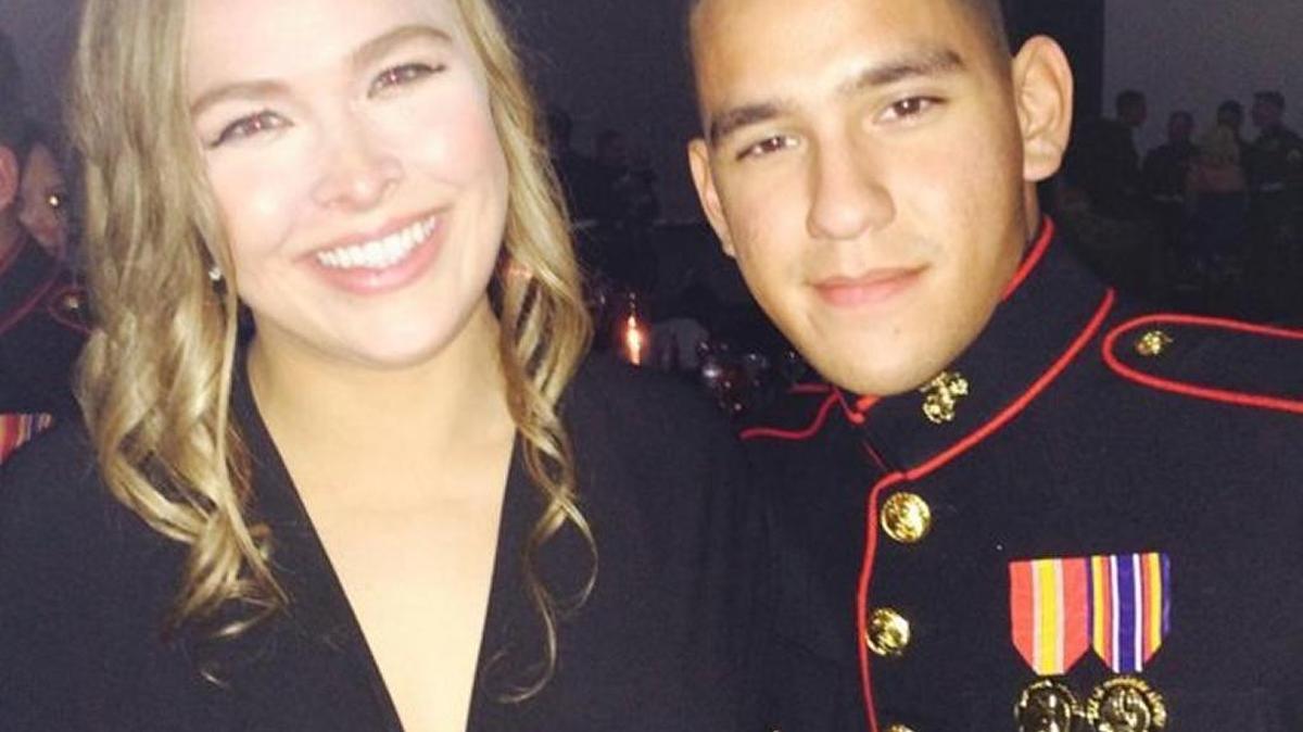 UFC star Ronda Rousey and Lance Cpl. Jarrod Haschert at the Marine Corps Ball in Myrtle Beach.