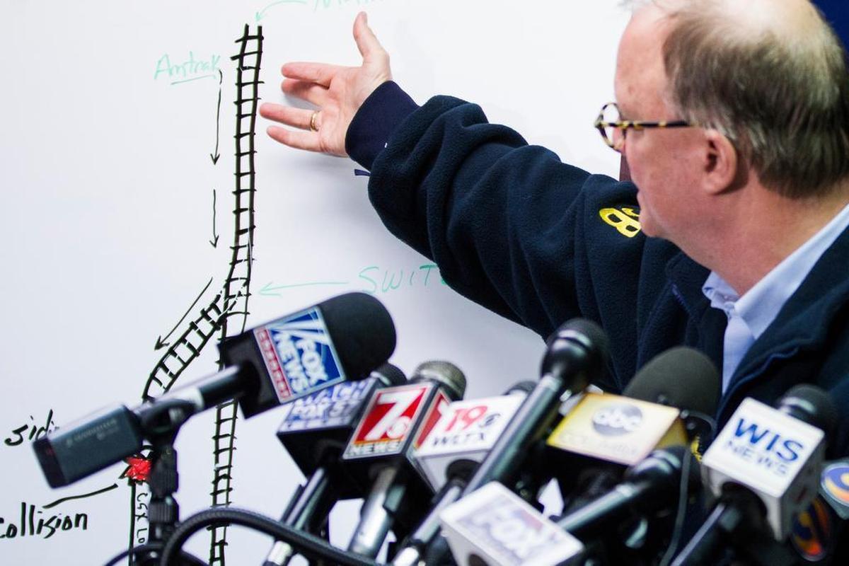 NTSB chairman Robert Sumwalt details the Amtrak train’s path before the collision during a 2018 press conference at the South Carolina Emergency Management Division on Sunday.