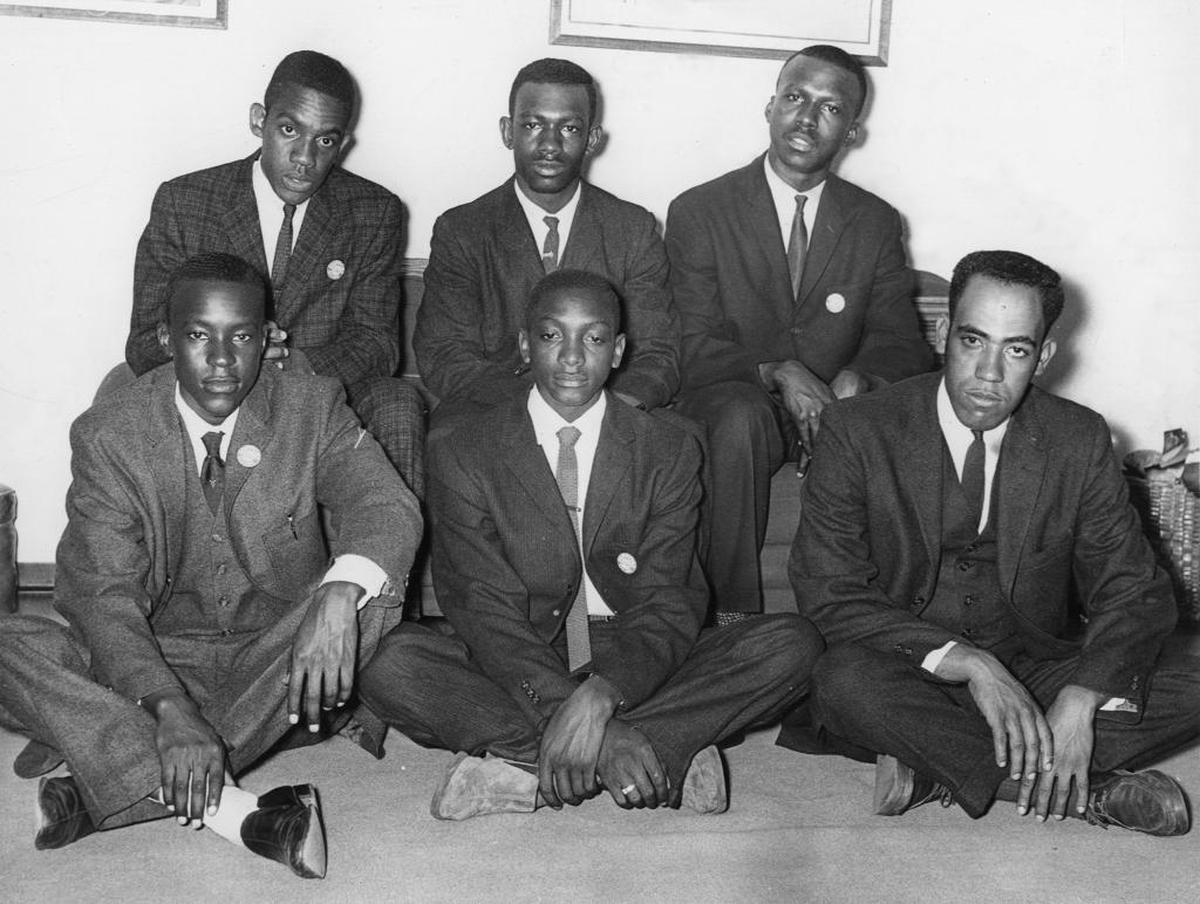 Six members of the Friendship Nine pose for a photo during a gathering in New York after their release. Top row, from left, Clarence Graham, W.T. Massey and David Williamson. Bottom row, from left, James Wells, William McLeod and Tom Gaither. Others were John Gaines, Robert McCullough and Mack Workman.