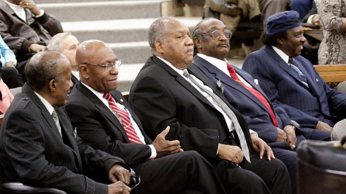 Members of the Friendship Nine, from left, John Gaines, W.T. Massey, Clarence Graham, Willie McCleod, and Mack Workman listen in court as their convictions are vacated in 2015 at the Rock Hill Municipal Court. Gaines, died earlier this month at the age of 83.