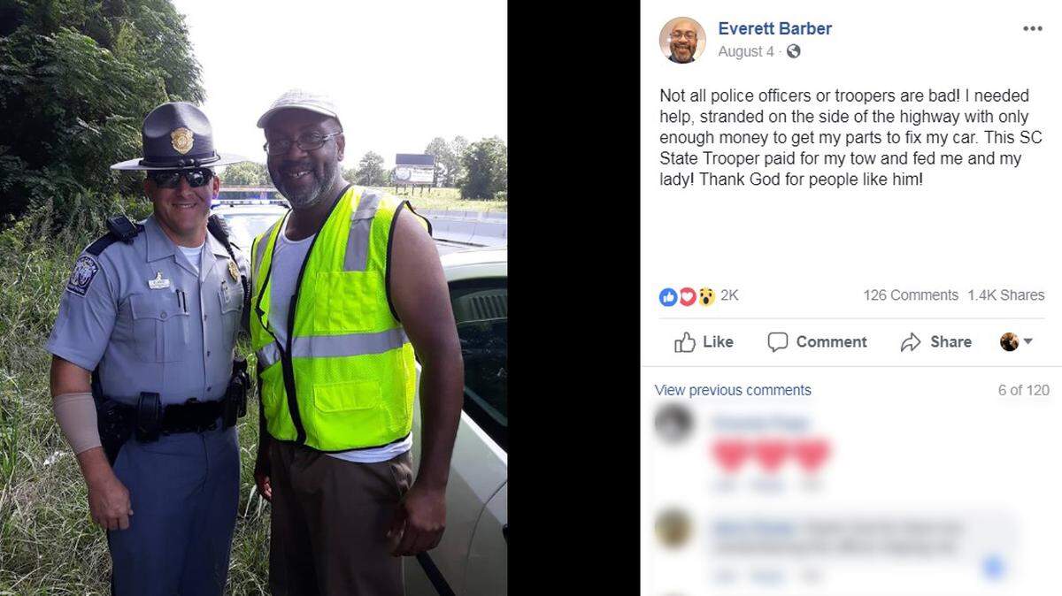 Everett Barber, right, was stranded with a disabled car on the side of Interstate 20 in Lexington County, SC, on Aug. 4, 2018, with only enough money to pay for the repairs. Trooper Jason Blaney, left, gave Barber money to have the vehicle towed and get a meal with his fiancee while they waited.