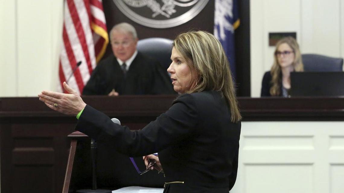 Ninth Circuit Solicitor Scarlett Wilson speaks to Judge J.C. Nicholson as Dylann Roof appears in a Charleston County courtroom on Monday to enter a guilty plea.