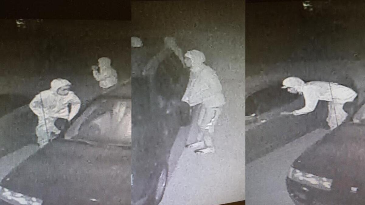 Infrared surveillance photos of three people wanted for questioning in the early morning auto breakins, January 25, 2016.