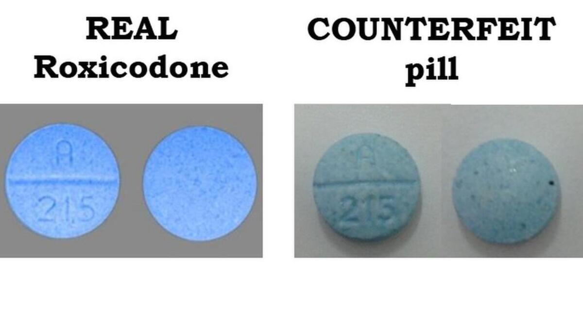 The real Roxicodone (on the left) - the fake pill being sold on the street as the real thing (on the right)