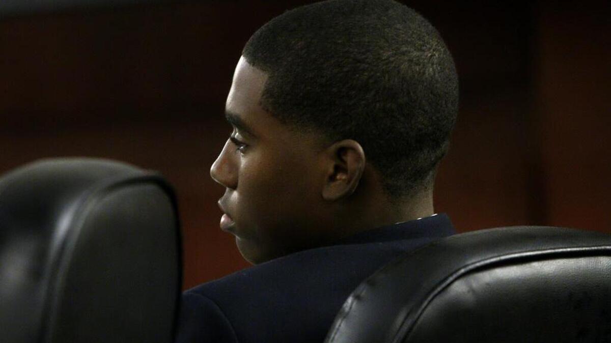 Kierin Dennis sits in court in Lexington County on Monday during his trial in the stabbing death of Dutch Fork High School senior Da’Von Capers in 2014.