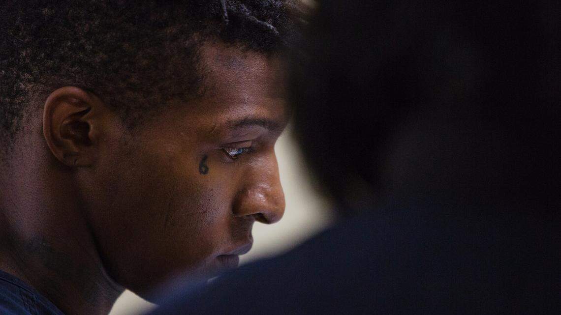Jaelon Jackson, who is accused of fatally shooting 17-year-old Josh Goodman during an attempted armed robbery, attends his first appearance hearing on April 19.