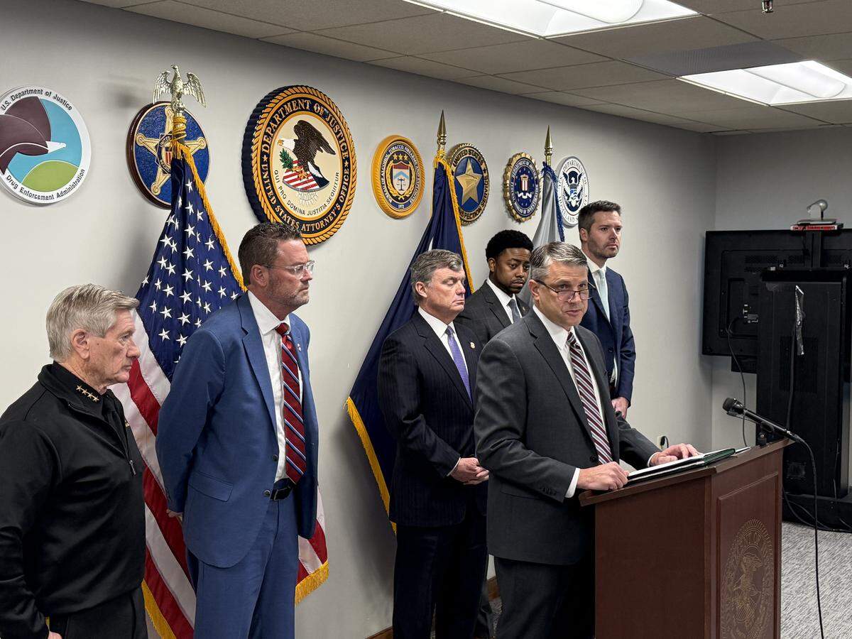 At podium at Thursday’s press conference about the hate crime charge is FBI special agent in charge of South Carolina Kevin Moore. Behind him from left to right: Richland County Sheriff Leon Lott, First Assistant US Attorney Lance Crick, US Attorney Bryan Stirling, assistant US Attorneys Lamar Fyall and criminal division chief Ben Garner