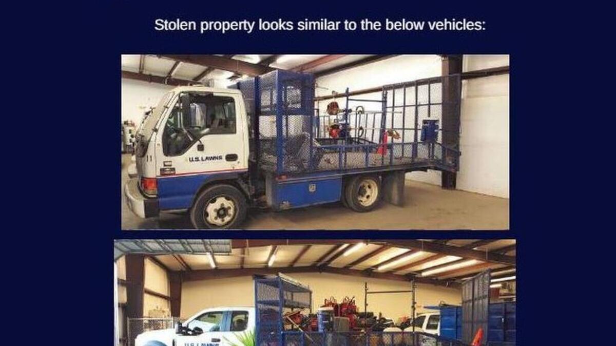 Columbia police are searching for suspects who, they say, stole nine vehicles similar to these from a local landscaping business.