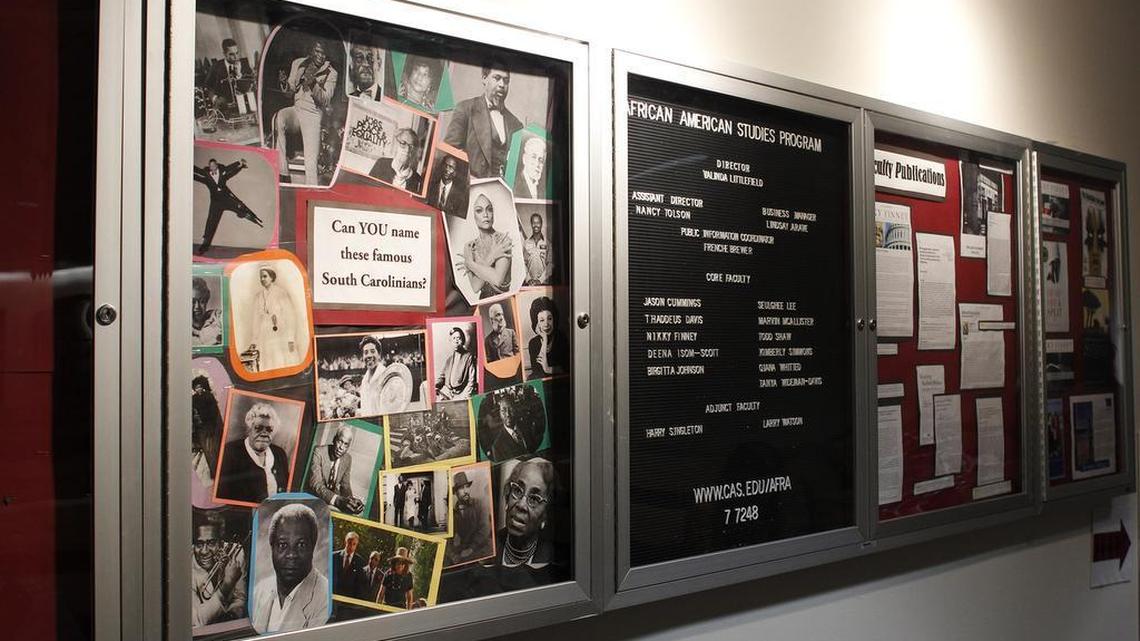 Display case at Gambrell Hall at USC where racially charged messages were posted on Tuesday.