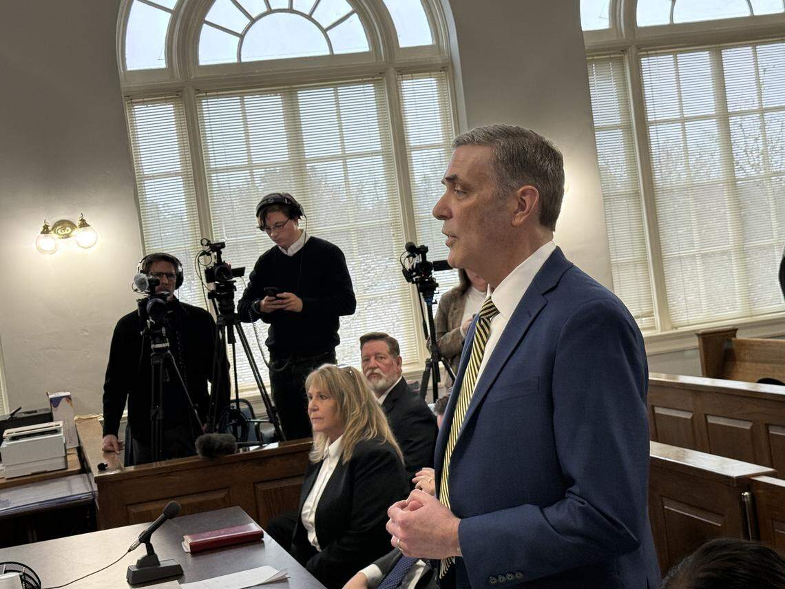Special prosecutor Rick Hubbard spells out the crimes Becky Hill is accused of committing as she listens from the defense table in the Calhoun County courthouse Monday, Dec. 8, 2025.