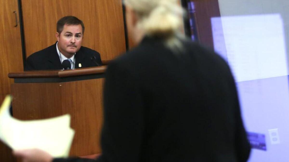 
Defense attorney Aimee Zmroczek questions Investigator Brian Van Houten during the trial of Michael Juan Smith. Smith is on trial for the 2013 shooting of USC student Martha Childress in Five Points. 
