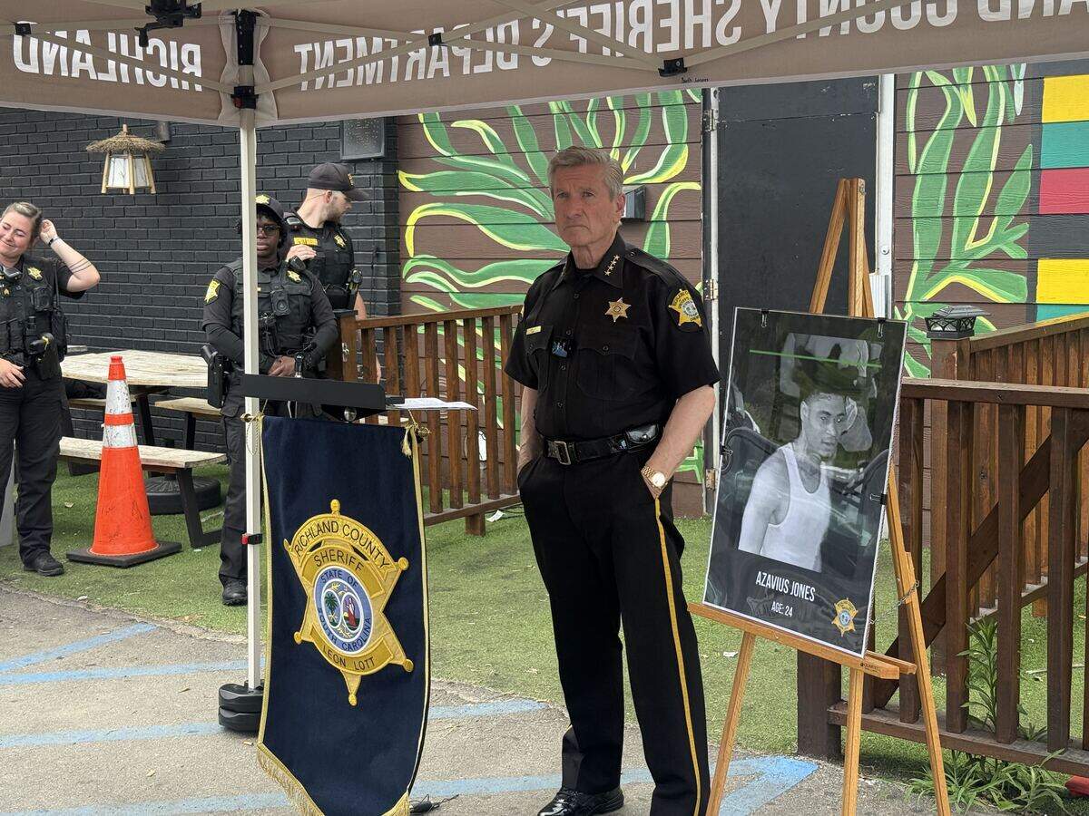 Richland County Sheriff Leon Lott holds a press conference on June 18 at the Jerk Hut, the location of a recent shooting. A suspect has been identified by law enforcement.