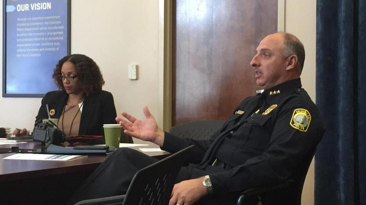 Columbia Police Chief Skip Holbrook talks with members of the news media Tuesday during the department’s inaugural “Media Day.”