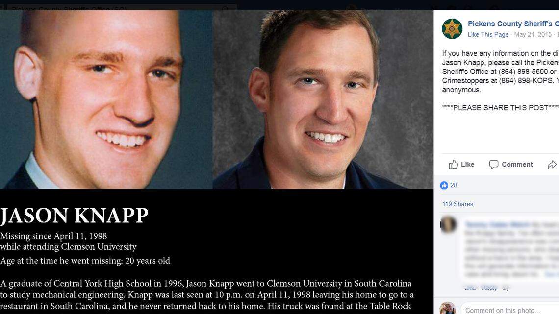 Jason Knapp, 20, disappeared in April 1998 while he was a student at Clemson University. He has not been seen since, and his parents have taken the steps to have him declared legally dead.