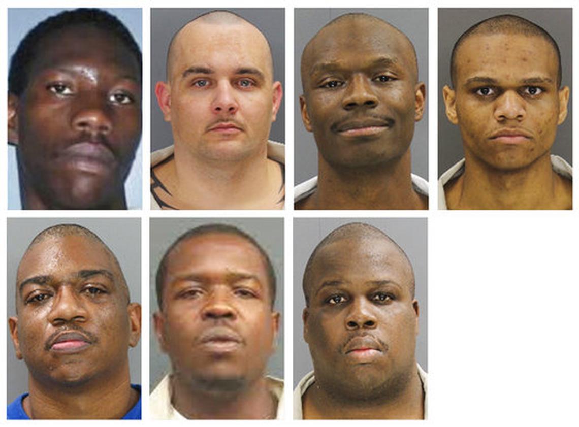 These undated photos provided by the South Carolina Department of Corrections shows, from top row from left, Corey Scott, Eddie Casey Gaskins, Raymond Angelo Scott and Damonte Rivera; bottom row from left, Michael Milledge, Cornelius McClary and Joshua Jenkins. The seven inmates were killed, and at least 22 prisoners wounded, in a riot at the Lee Correctional Institution on early Monday, April 16, 2018, in Bishopville, S.C.
