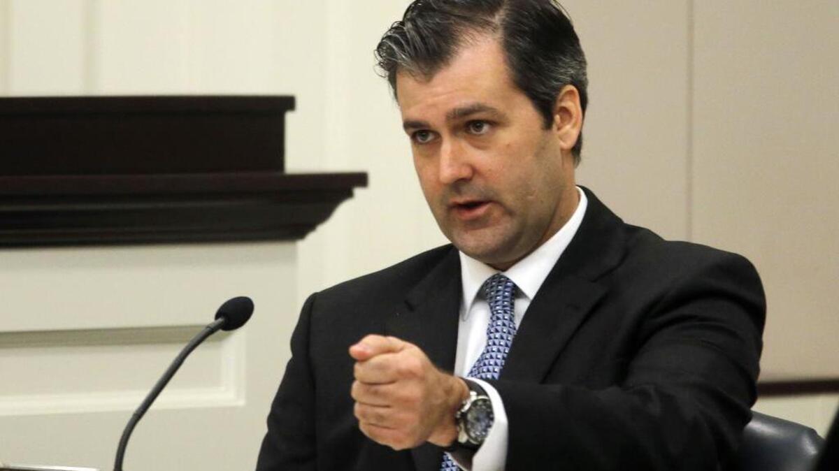 Former North Charleston police officer Michael Slager testifies in his murder trial at the Charleston County court in Charleston on Tuesday. Slager is charged in the shooting death last year of Walter Scott.