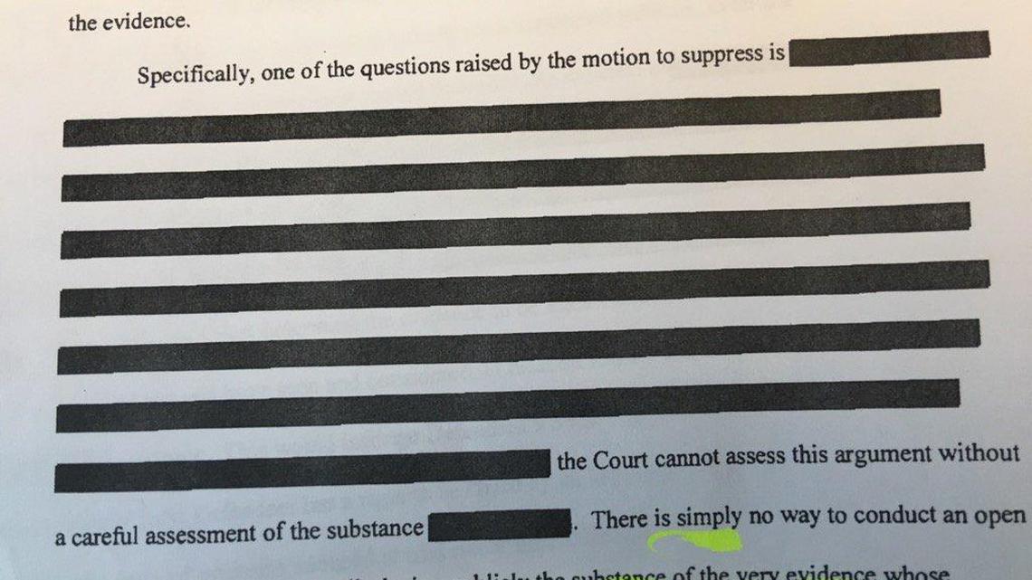 A blacked-out portion of Judge Richard Gergel’s order for rare secret hearing in the Dylann Roof trial.