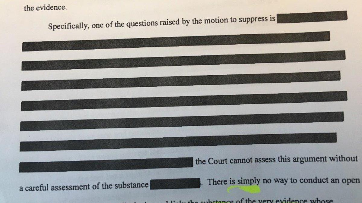A blacked-out portion of Judge Richard Gergel’s order for rare secret hearing in the Dylann Roof trial.