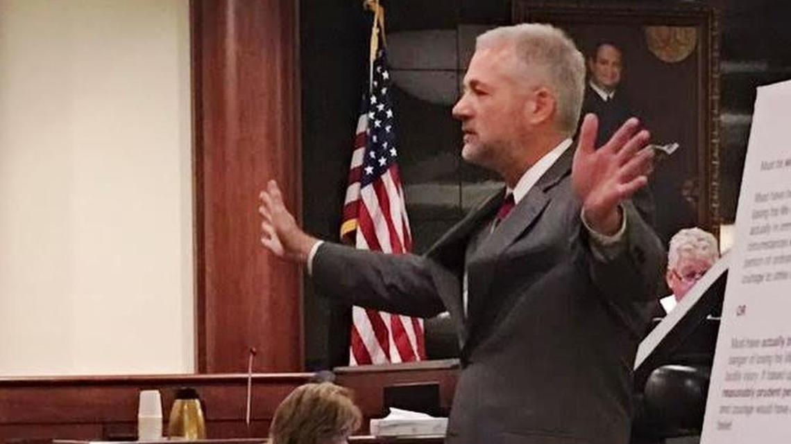 Prosecutor Shawn Graham makes a point before the jury gets the case Tuesday in the murder trial of Kierin Dennis, who’s charged in the stabbing death of Dutch Fork High School student Da’Von Nathaniel Capers.