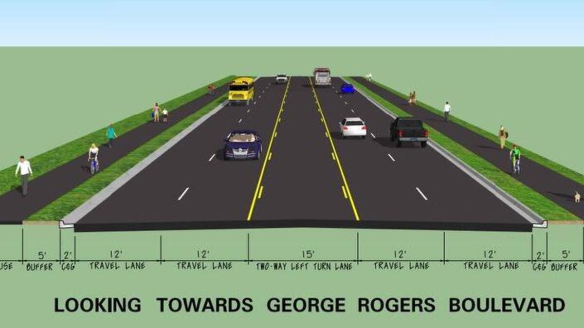 Alternative 1 of plans to widen Shop Road to five lanes between George Rogers Boulevard and South Beltline Boulevard.