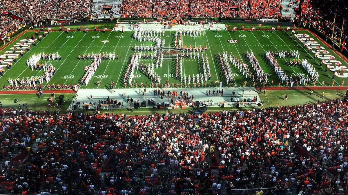 The South Carolina and Clemson bands combine to honor the Charleston Nine who died at Mother Emanuel church during halftime of the USC-Clemson game November 28, 2015 at Williams-Brice Stadium