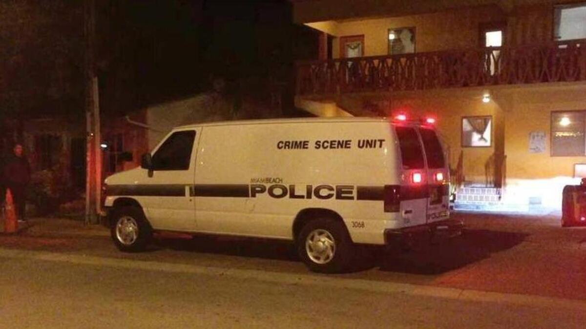 A Miami Beach police crime scene van was parked across the street from the Flamingo as cops investigated a homicide Monday night.